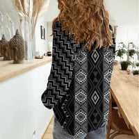 New Zealand Aotearoa Women Casual Shirt Black Poutama With Taniko Pattern LT05 - Polynesian Pride