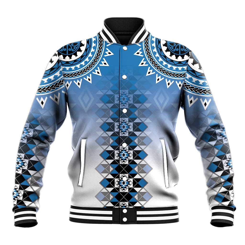 New Zealand Baseball Jacket Poutama Mix Blue Taniko Inspired Art LT05 Unisex Blue - Polynesian Pride