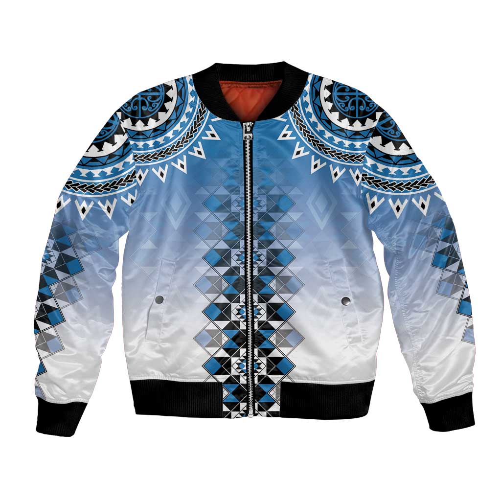 New Zealand Bomber Jacket Poutama Mix Blue Taniko Inspired Art LT05 Unisex Blue - Polynesian Pride