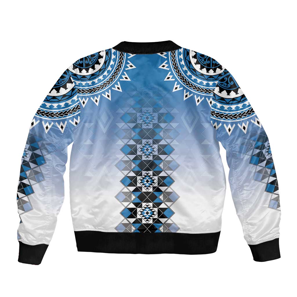 New Zealand Bomber Jacket Poutama Mix Blue Taniko Inspired Art LT05 - Polynesian Pride