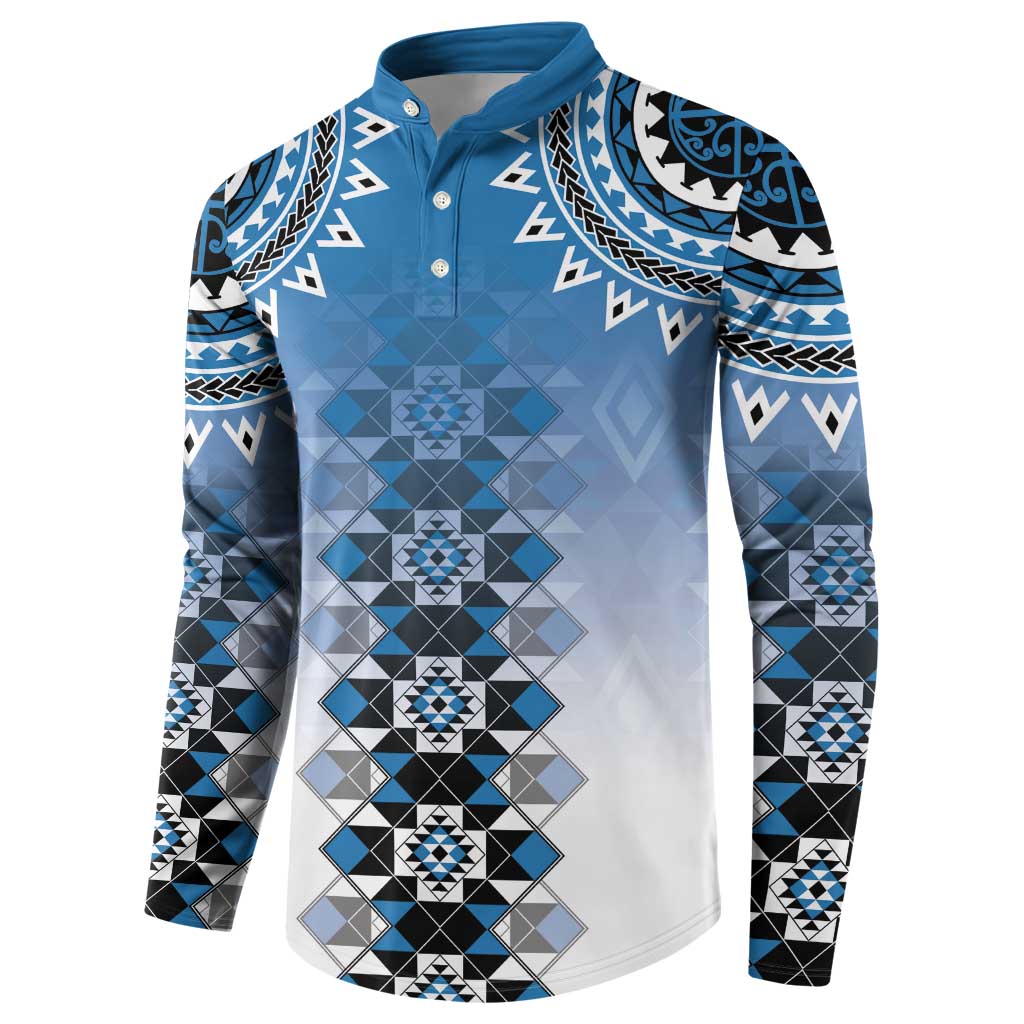 New Zealand Button Sweatshirt Poutama Mix Blue Taniko Inspired Art LT05 - Polynesian Pride