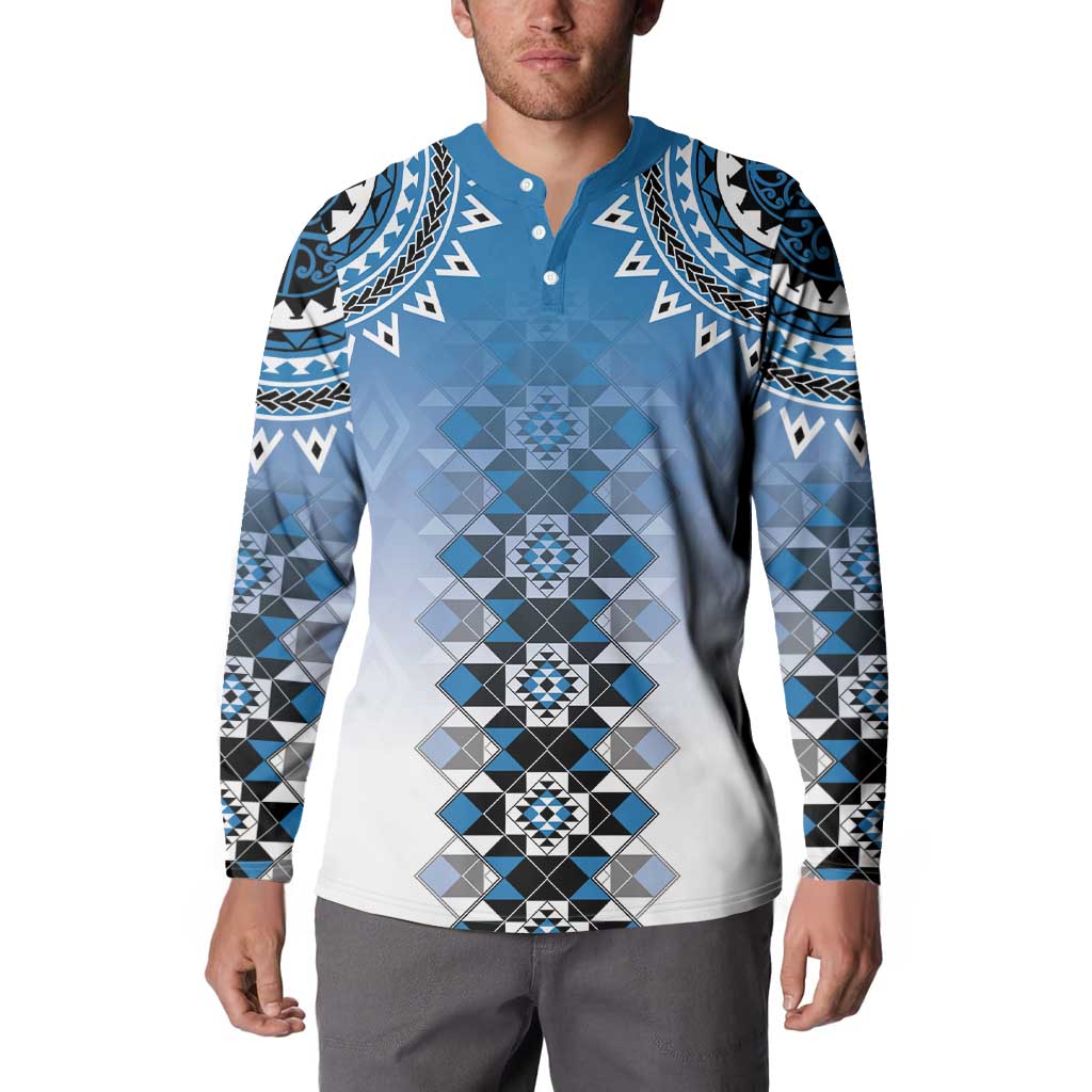 New Zealand Button Sweatshirt Poutama Mix Blue Taniko Inspired Art LT05 - Polynesian Pride