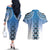 New Zealand Couples Matching Off The Shoulder Long Sleeve Dress and Hawaiian Shirt Poutama Mix Blue Taniko Inspired Art