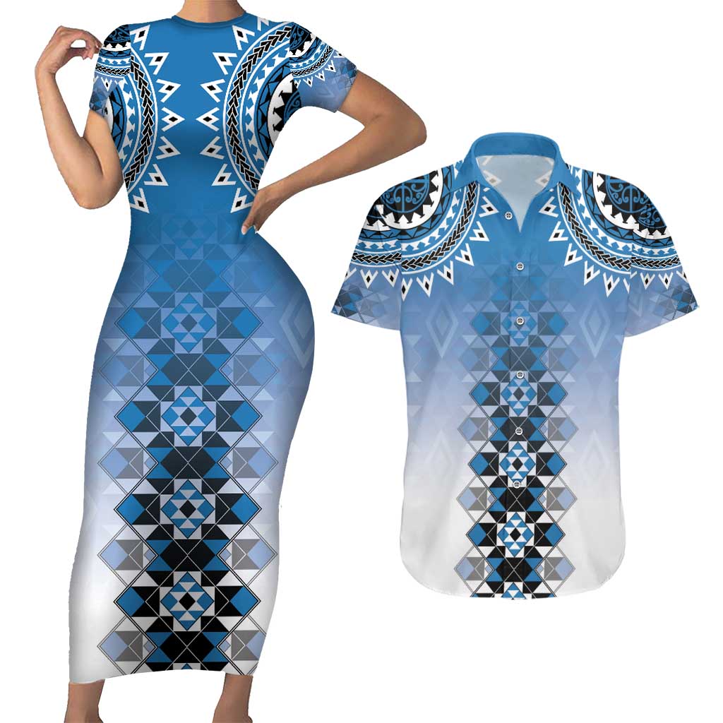 New Zealand Couples Matching Short Sleeve Bodycon Dress and Hawaiian Shirt Poutama Mix Blue Taniko Inspired Art