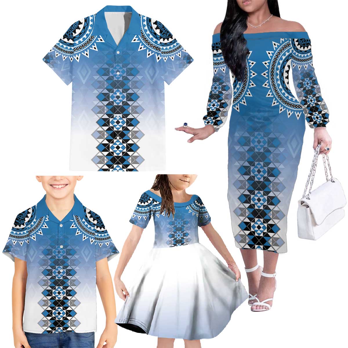 New Zealand Family Matching Off The Shoulder Long Sleeve Dress and Hawaiian Shirt Poutama Mix Blue Taniko Inspired Art