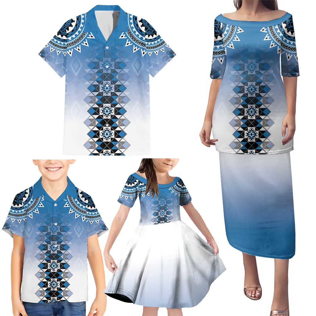 New Zealand Family Matching Puletasi and Hawaiian Shirt Poutama Mix Blue Taniko Inspired Art LT05