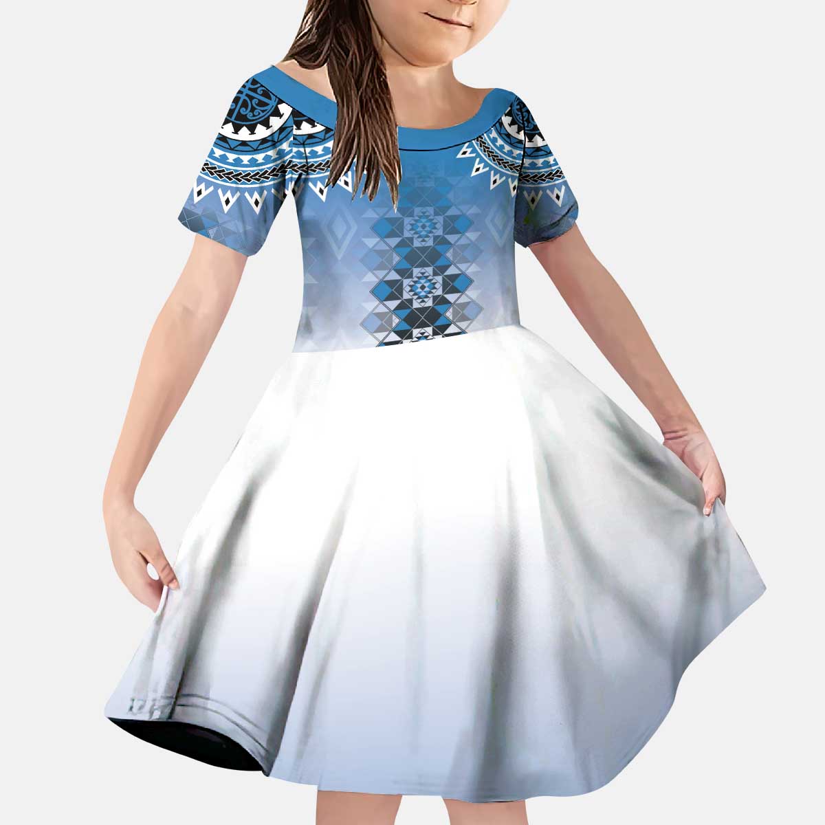 New Zealand Kid Short Sleeve Dress Poutama Mix Blue Taniko Inspired Art LT05 KID Blue - Polynesian Pride