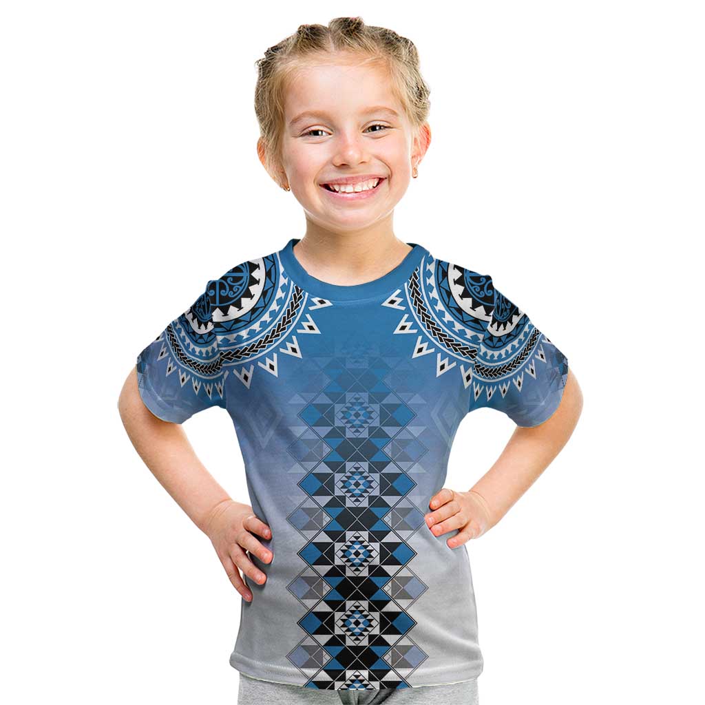 New Zealand Kid T Shirt Poutama Mix Blue Taniko Inspired Art LT05 Blue - Polynesian Pride