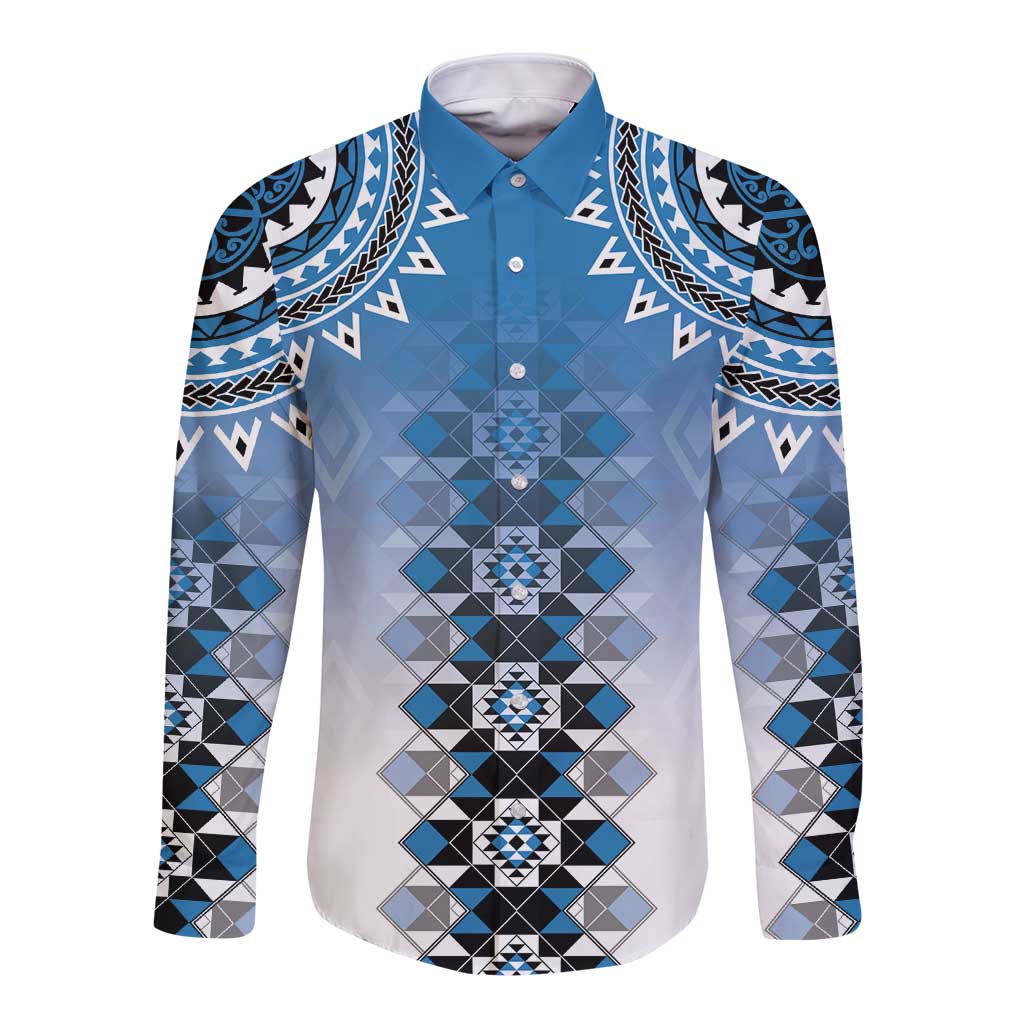 New Zealand Long Sleeve Button Shirt Poutama Mix Blue Taniko Inspired Art LT05 Unisex Blue - Polynesian Pride