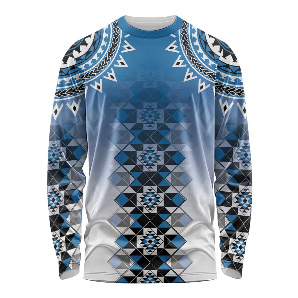 New Zealand Long Sleeve Shirt Poutama Mix Blue Taniko Inspired Art LT05 Unisex Blue - Polynesian Pride