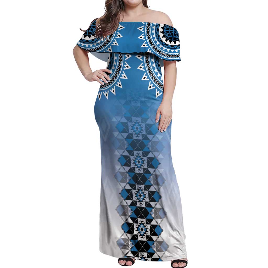 New Zealand Off Shoulder Maxi Dress Poutama Mix Blue Taniko Inspired Art LT05 Women Blue - Polynesian Pride