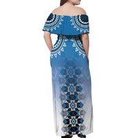 New Zealand Off Shoulder Maxi Dress Poutama Mix Blue Taniko Inspired Art LT05 - Polynesian Pride