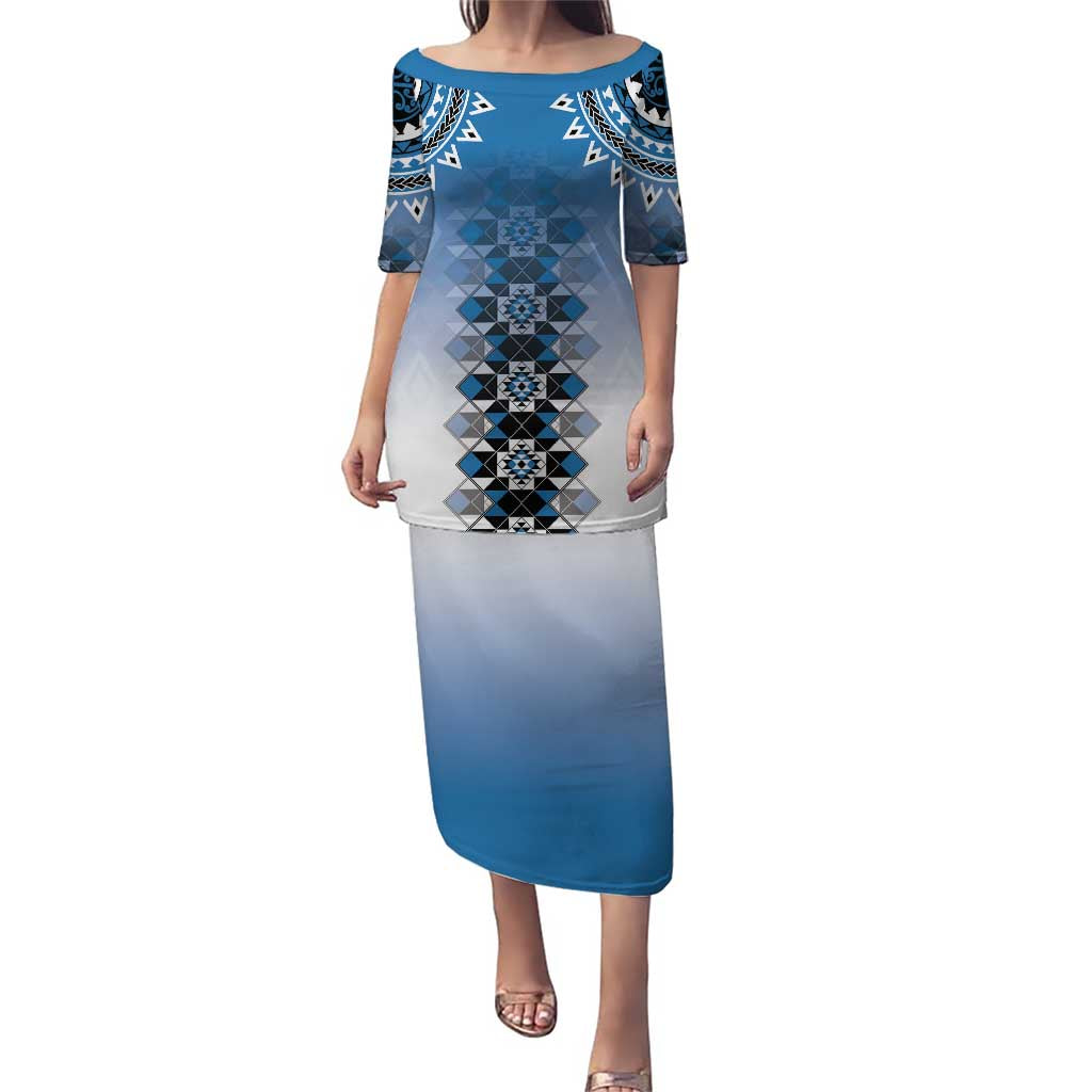 New Zealand Puletasi Poutama Mix Blue Taniko Inspired Art LT05 Long Dress Blue - Polynesian Pride