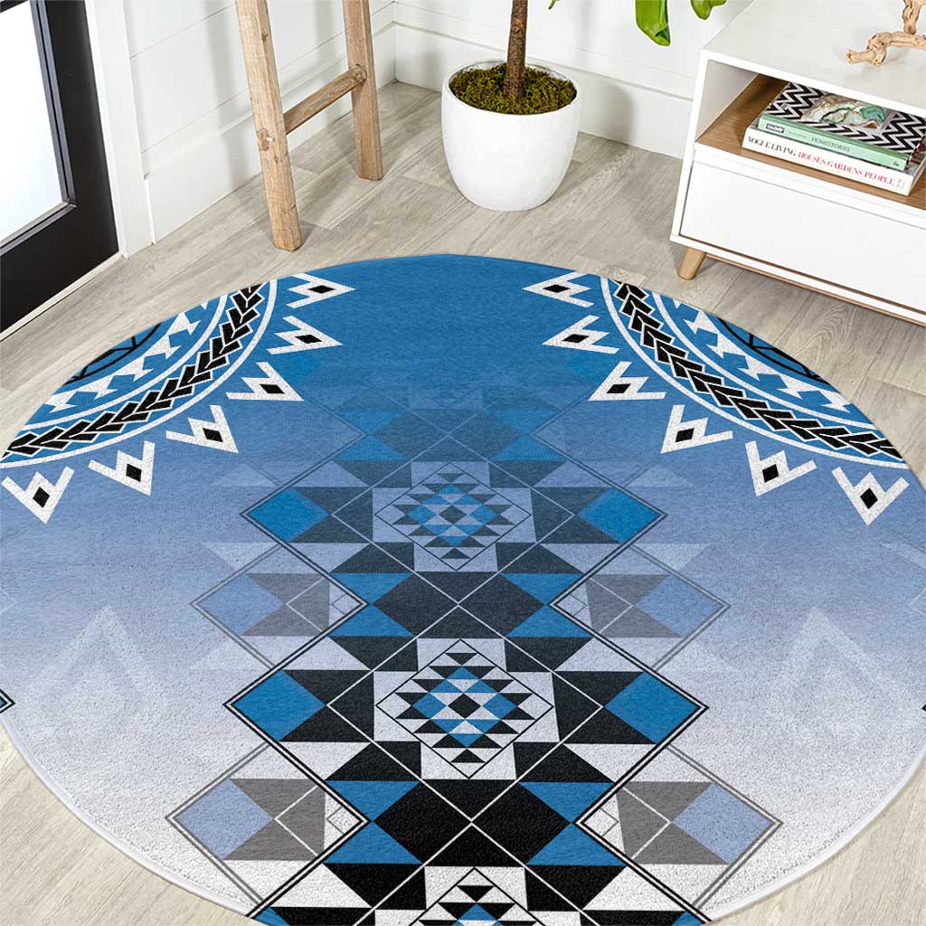 New Zealand Round Carpet Poutama Mix Blue Taniko Inspired Art LT05 Blue - Polynesian Pride