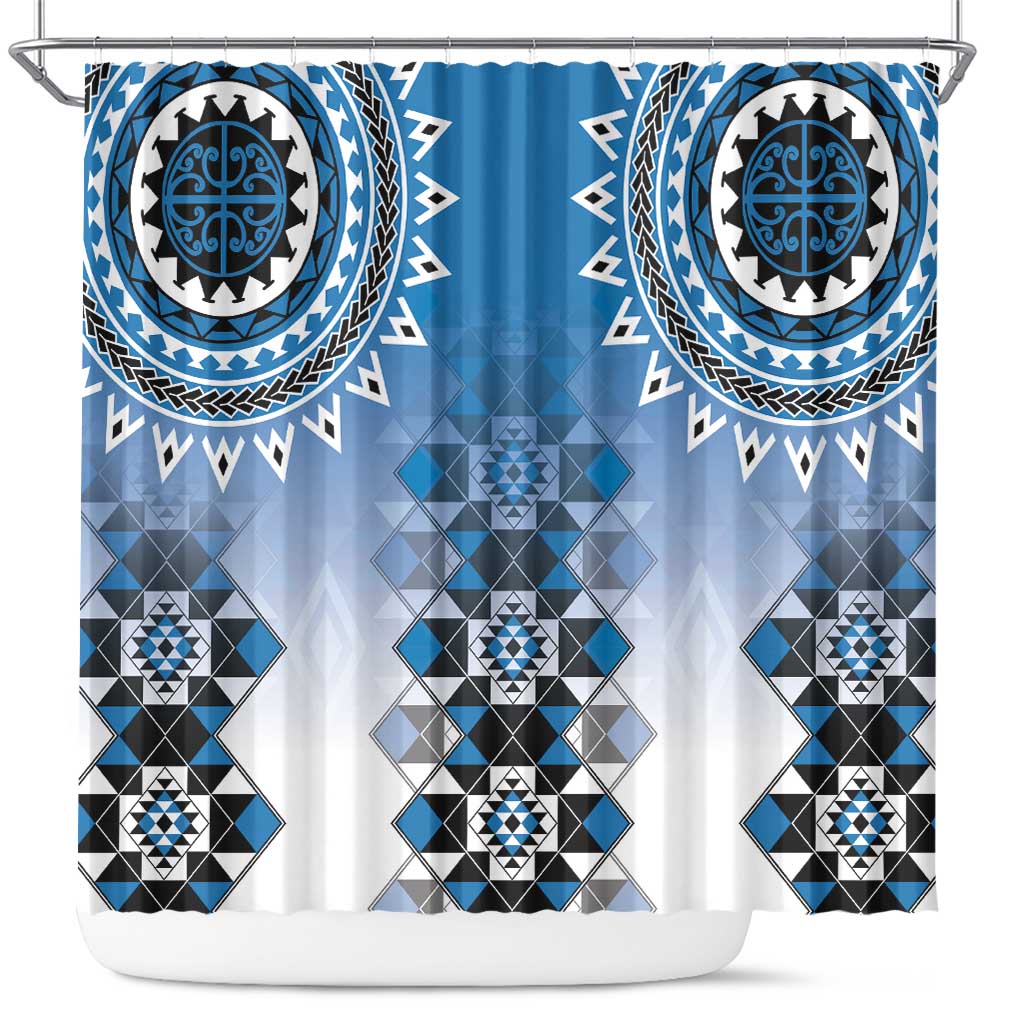 New Zealand Shower Curtain Poutama Mix Blue Taniko Inspired Art LT05 Blue - Polynesian Pride