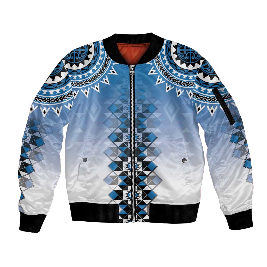 New Zealand Sleeve Zip Bomber Jacket Poutama Mix Blue Taniko Inspired Art LT05 Unisex Blue - Polynesian Pride
