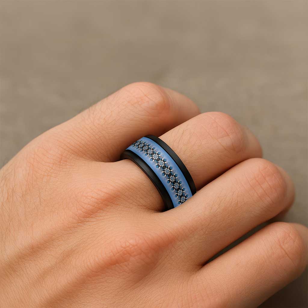 New Zealand Spinner Ring Poutama Mix Blue Taniko Inspired Art LT05 - Polynesian Pride