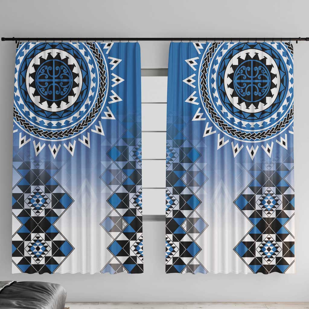 New Zealand Window Curtain Poutama Mix Blue Taniko Inspired Art LT05 With Hooks Blue - Polynesian Pride