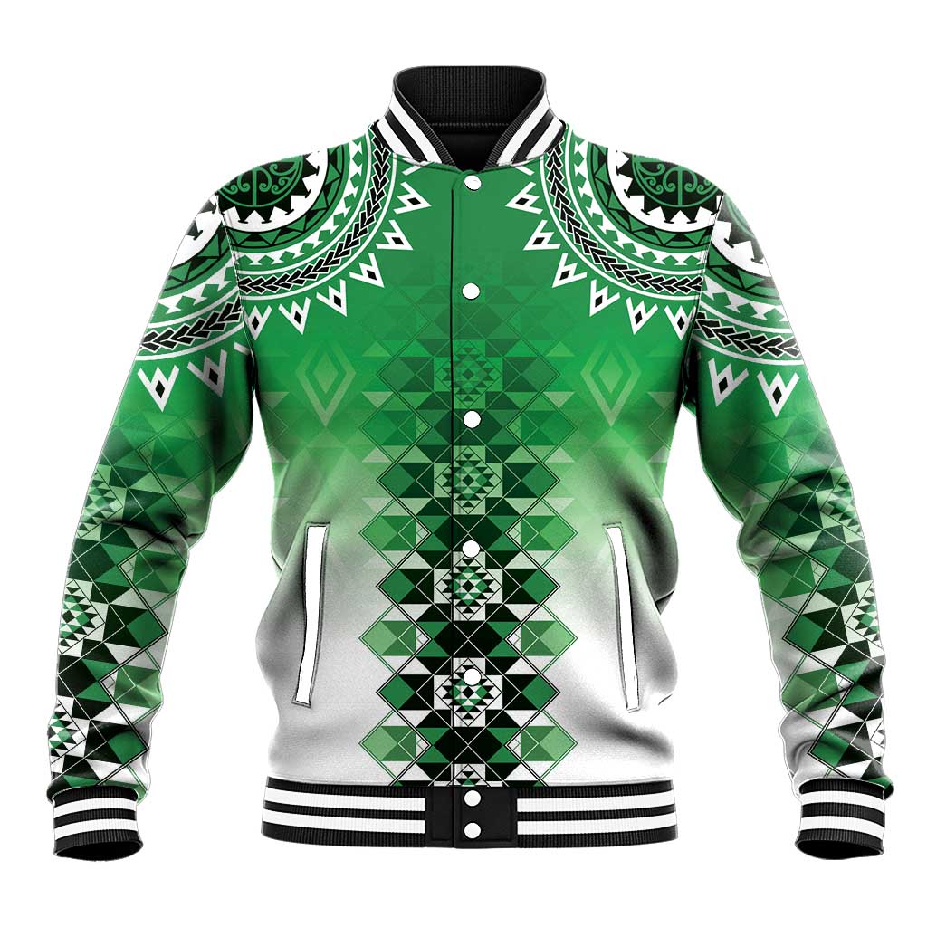 New Zealand Baseball Jacket Poutama Mix Green Taniko Inspired Art LT05 Unisex Green - Polynesian Pride