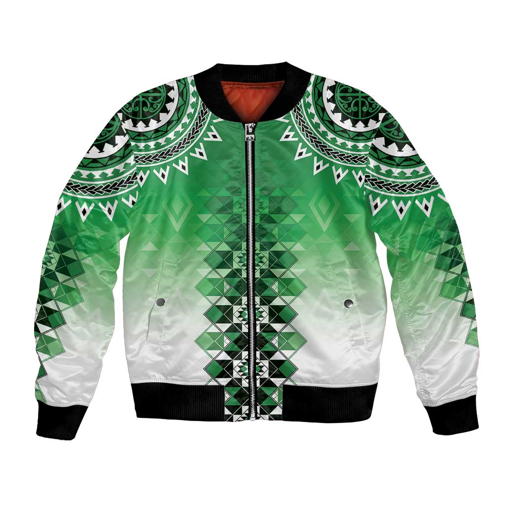 New Zealand Bomber Jacket Poutama Mix Green Taniko Inspired Art LT05 Unisex Green - Polynesian Pride