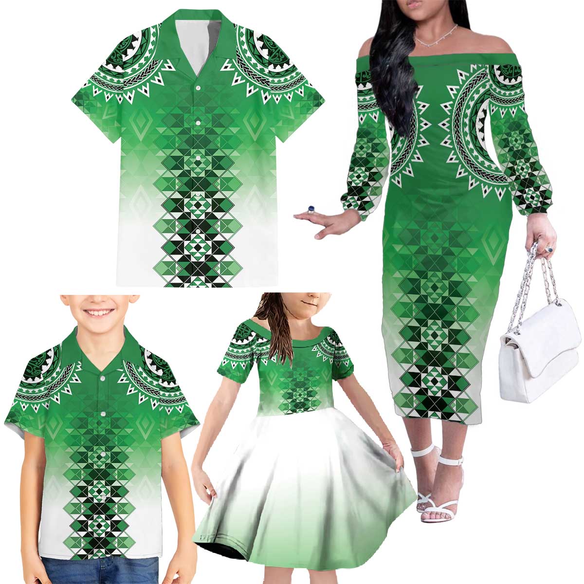 New Zealand Family Matching Off The Shoulder Long Sleeve Dress and Hawaiian Shirt Poutama Mix Green Taniko Inspired Art