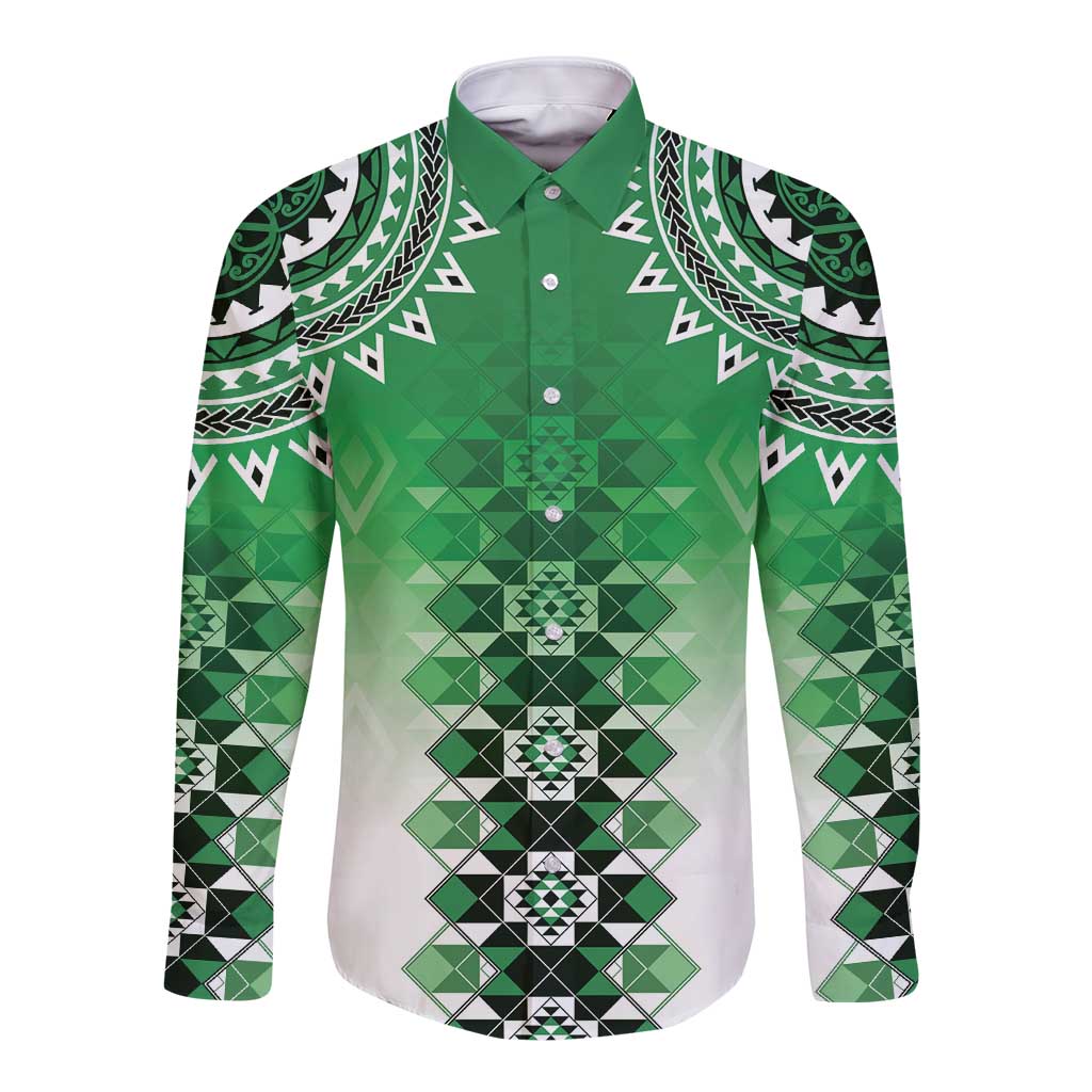 New Zealand Long Sleeve Button Shirt Poutama Mix Green Taniko Inspired Art LT05 Unisex Green - Polynesian Pride