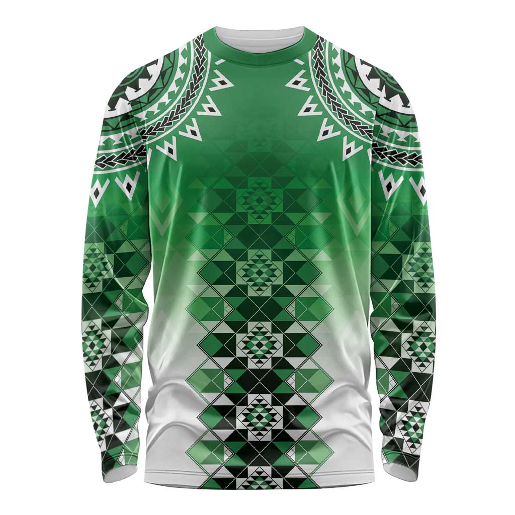 New Zealand Long Sleeve Shirt Poutama Mix Green Taniko Inspired Art LT05 Unisex Green - Polynesian Pride