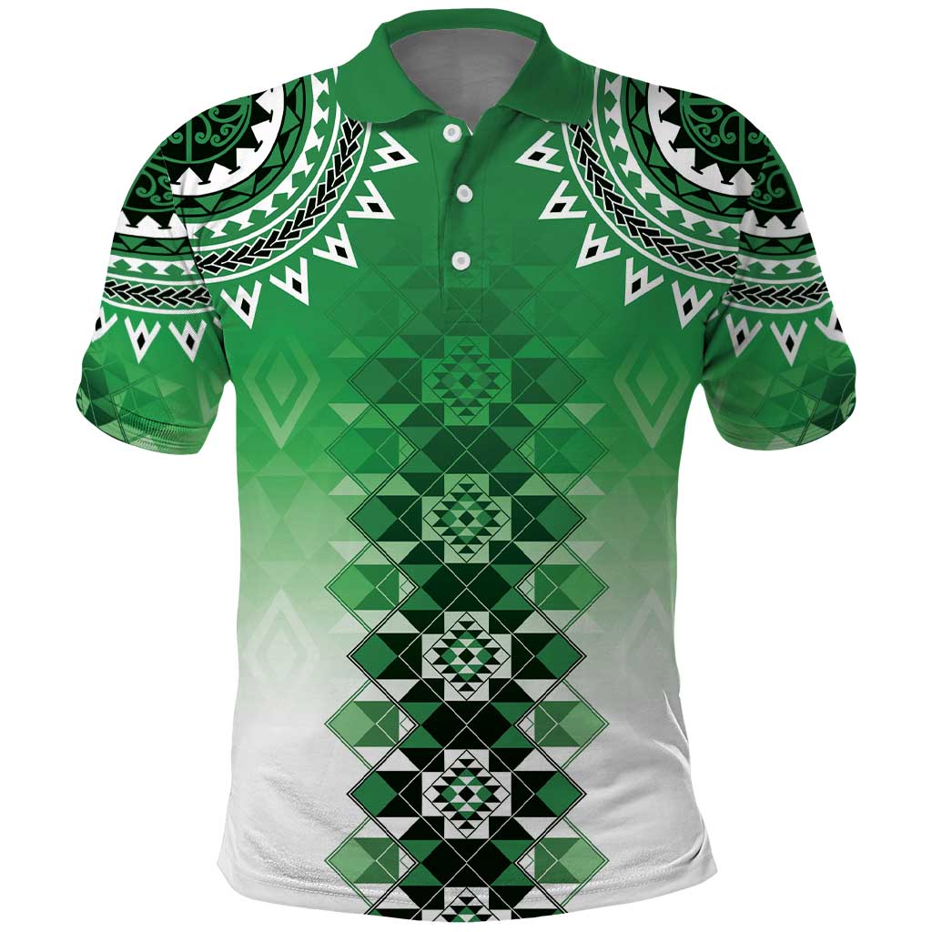 New Zealand Polo Shirt Poutama Mix Green Taniko Inspired Art LT05