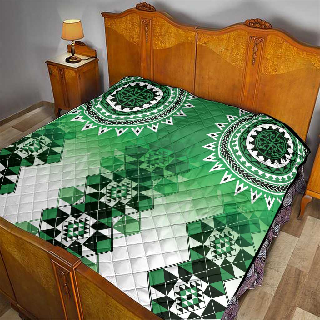 New Zealand Quilt Poutama Mix Green Taniko Inspired Art LT05 - Polynesian Pride