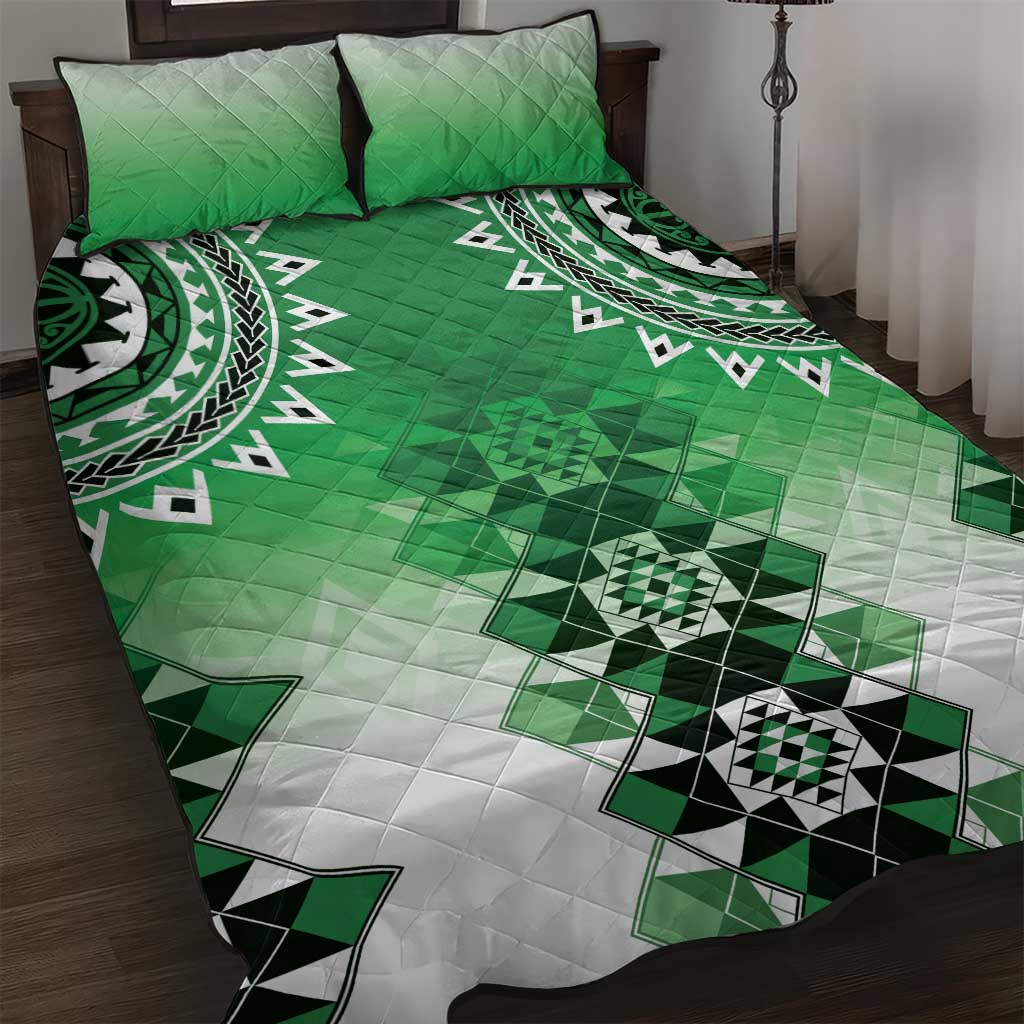 New Zealand Quilt Bed Set Poutama Mix Green Taniko Inspired Art LT05