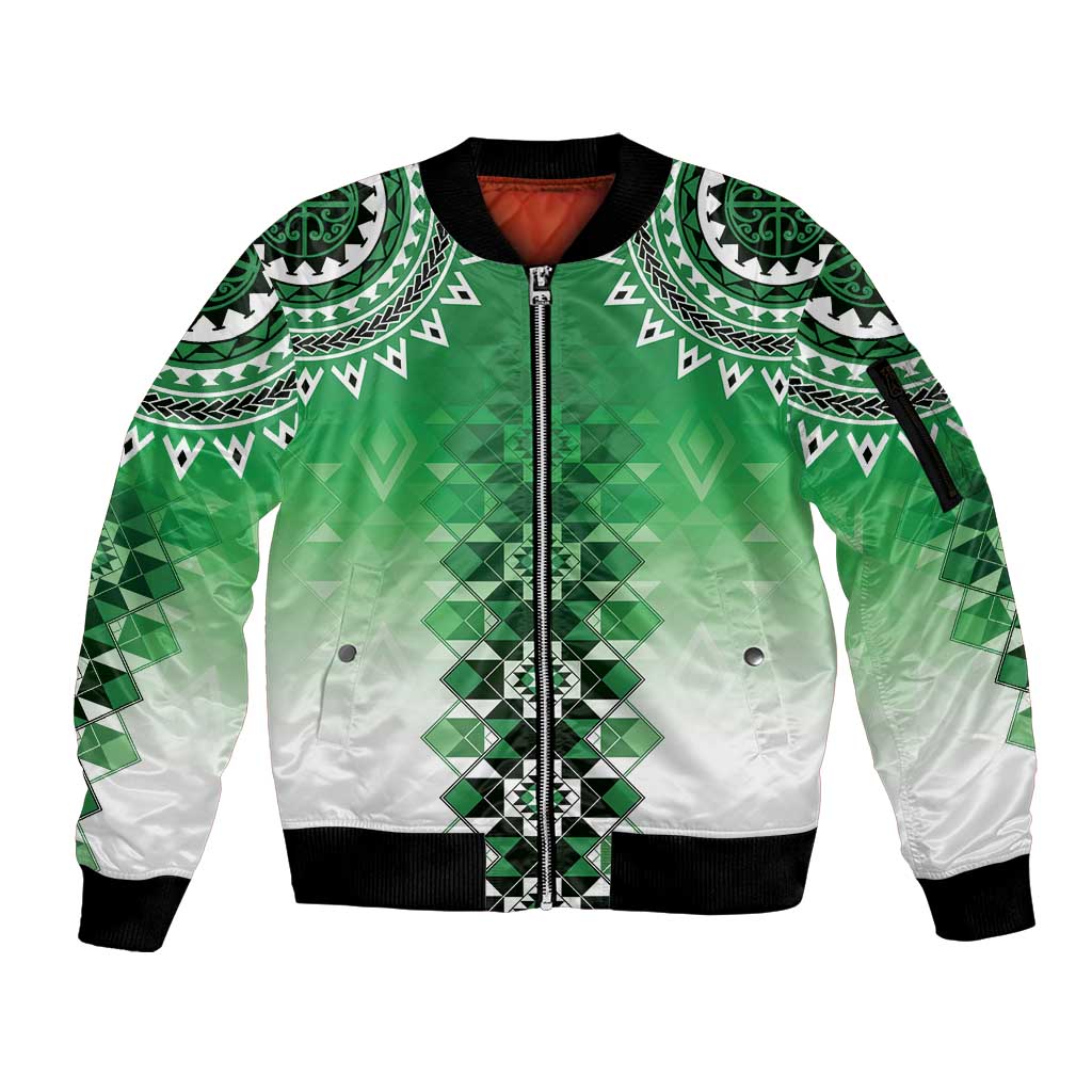 New Zealand Sleeve Zip Bomber Jacket Poutama Mix Green Taniko Inspired Art LT05 Unisex Green - Polynesian Pride