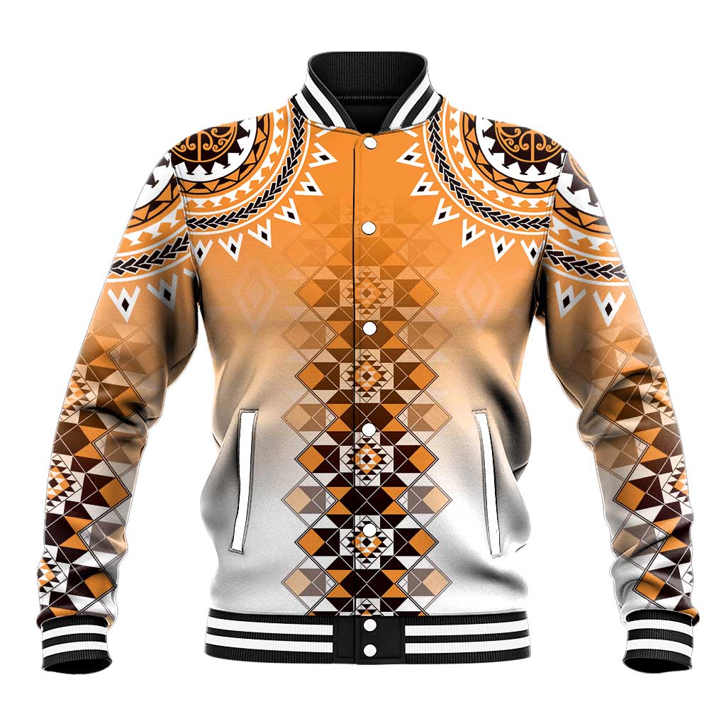 New Zealand Baseball Jacket Poutama Mix Orange Taniko Inspired Art LT05 Unisex Orange - Polynesian Pride