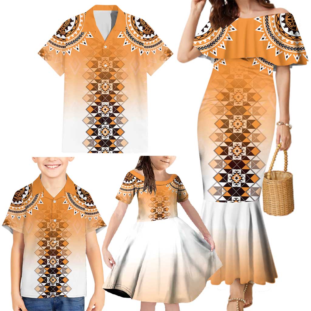 New Zealand Family Matching Mermaid Dress and Hawaiian Shirt Poutama Mix Orange Taniko Inspired Art LT05