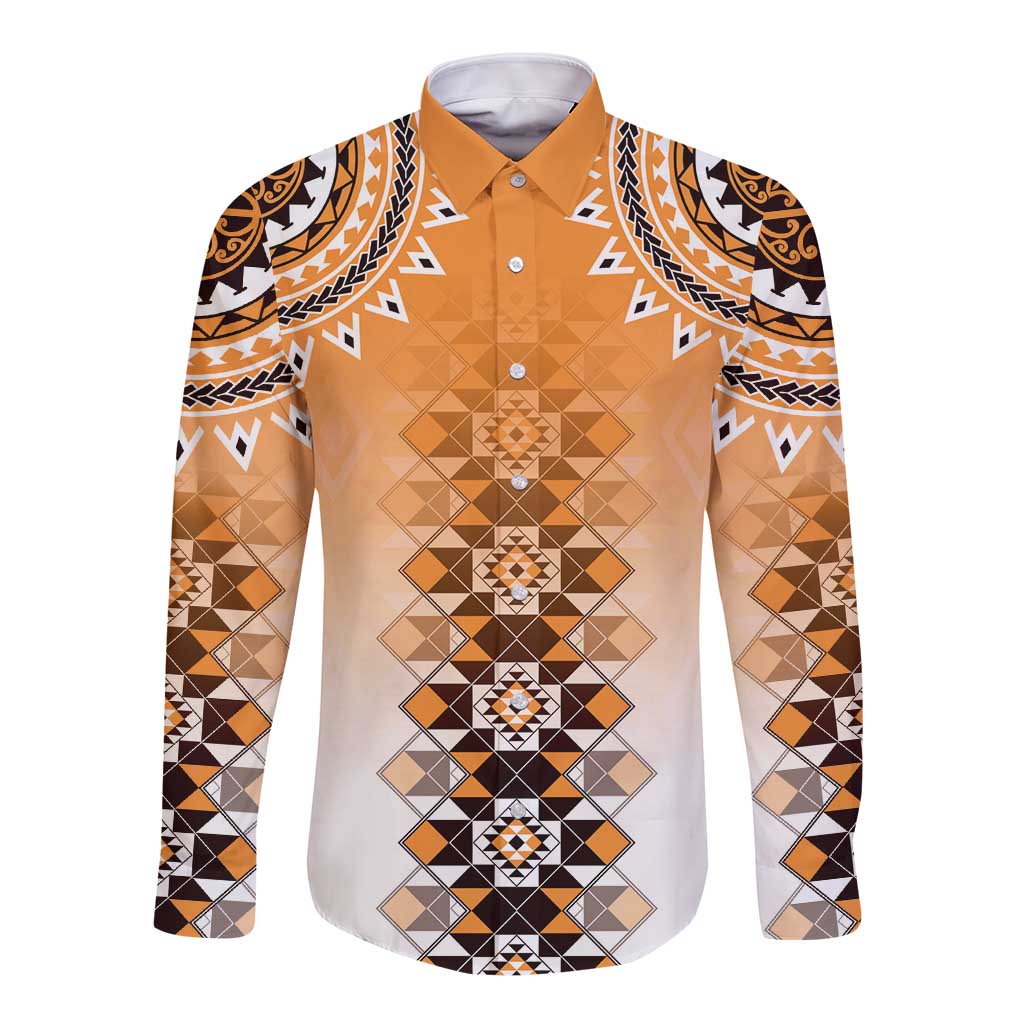 New Zealand Long Sleeve Button Shirt Poutama Mix Orange Taniko Inspired Art LT05 Unisex Orange - Polynesian Pride