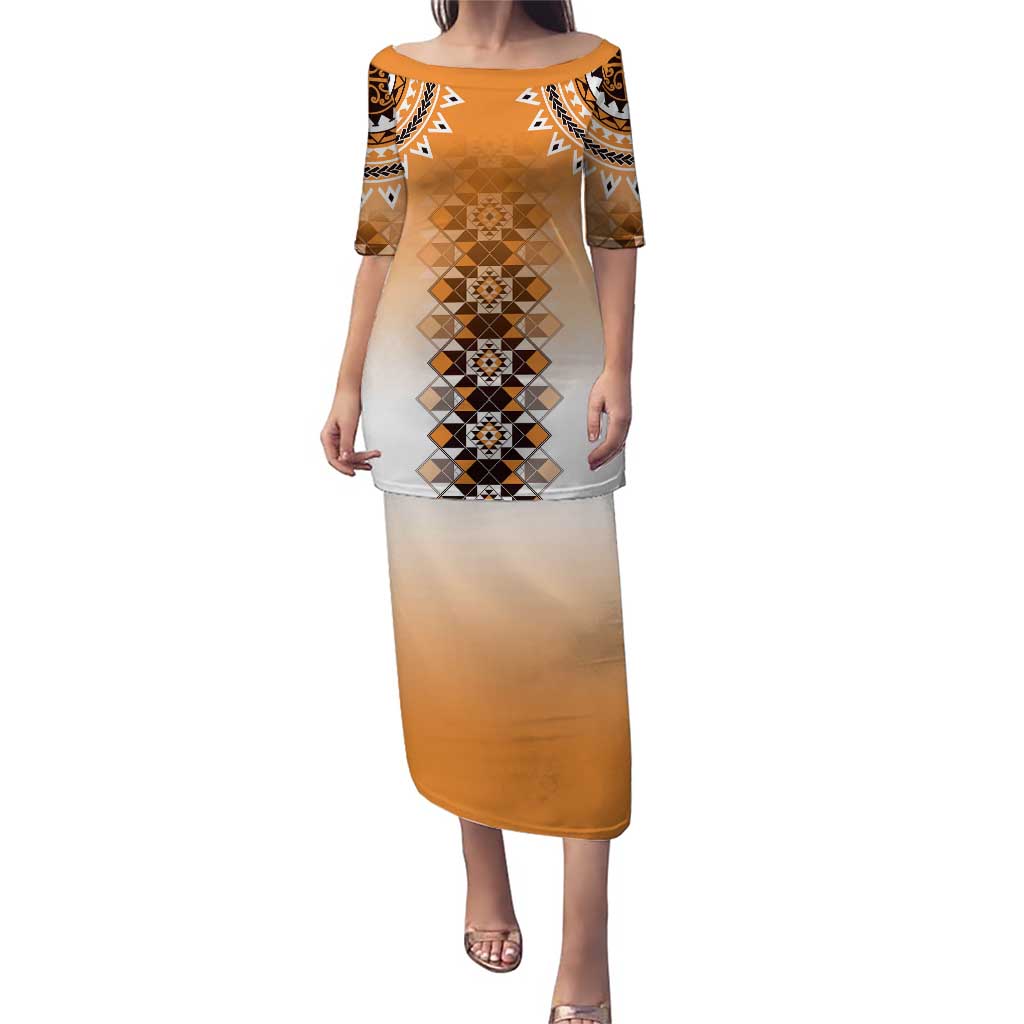 New Zealand Puletasi Poutama Mix Orange Taniko Inspired Art LT05 Long Dress Orange - Polynesian Pride