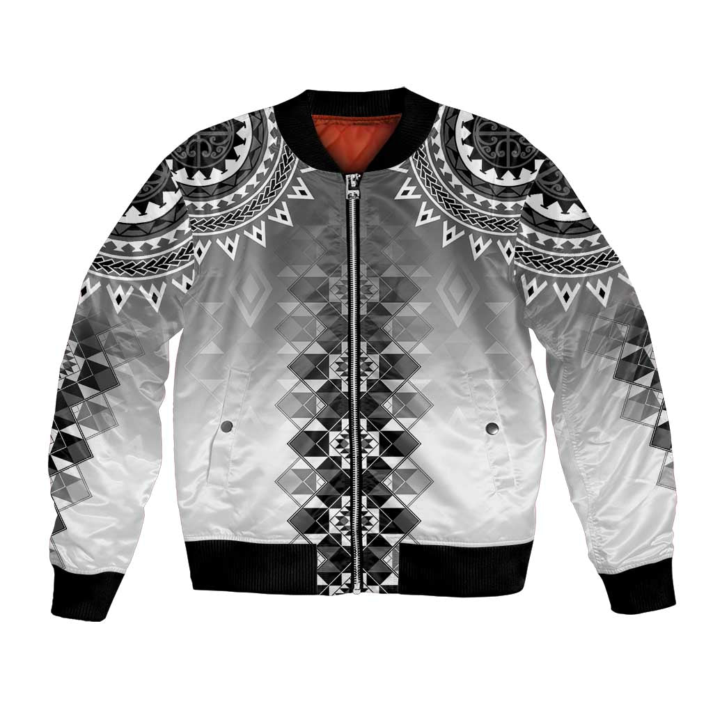 New Zealand Bomber Jacket Poutama Mix Gray Taniko Inspired Art LT05 Unisex Gray - Polynesian Pride