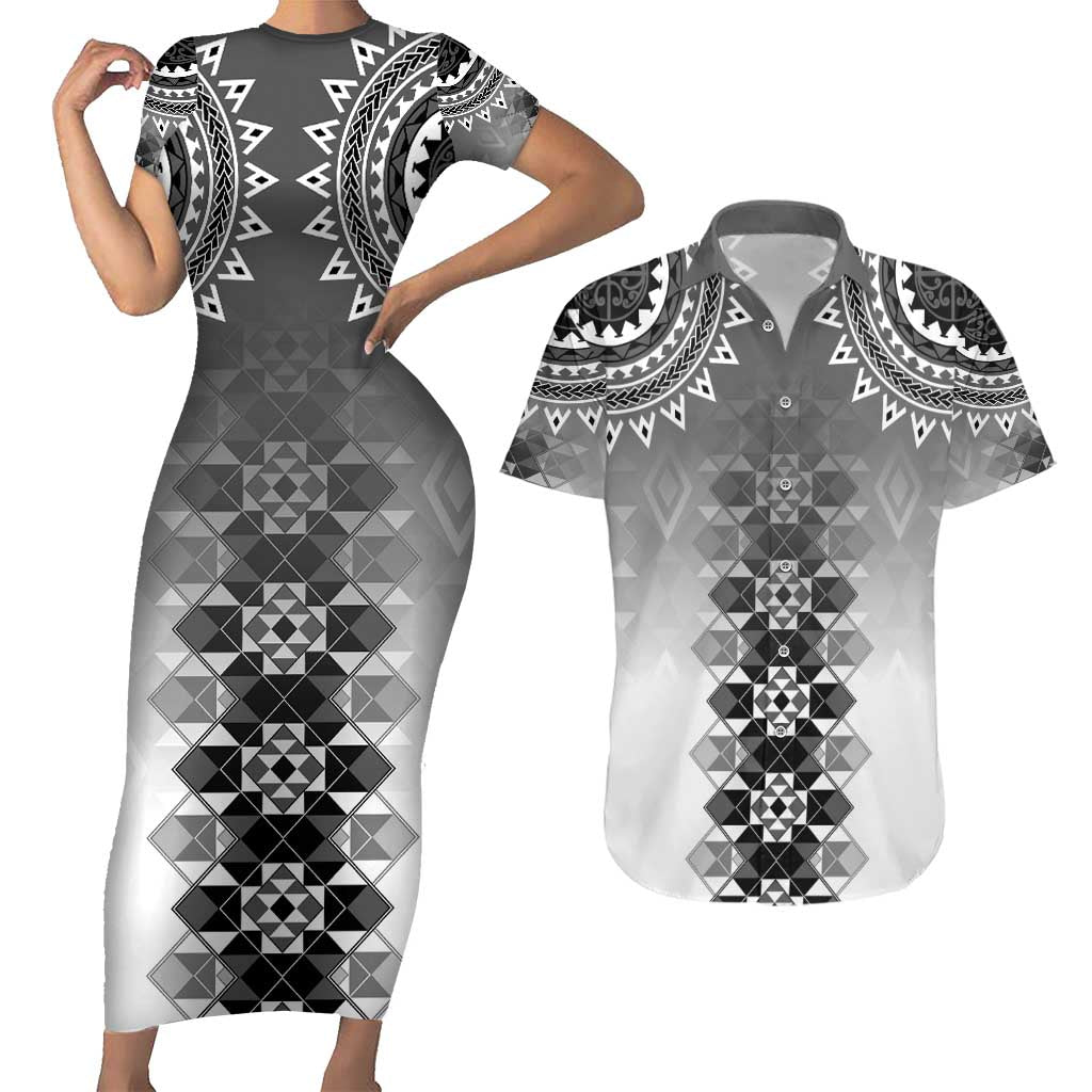 New Zealand Couples Matching Short Sleeve Bodycon Dress and Hawaiian Shirt Poutama Mix Gray Taniko Inspired Art