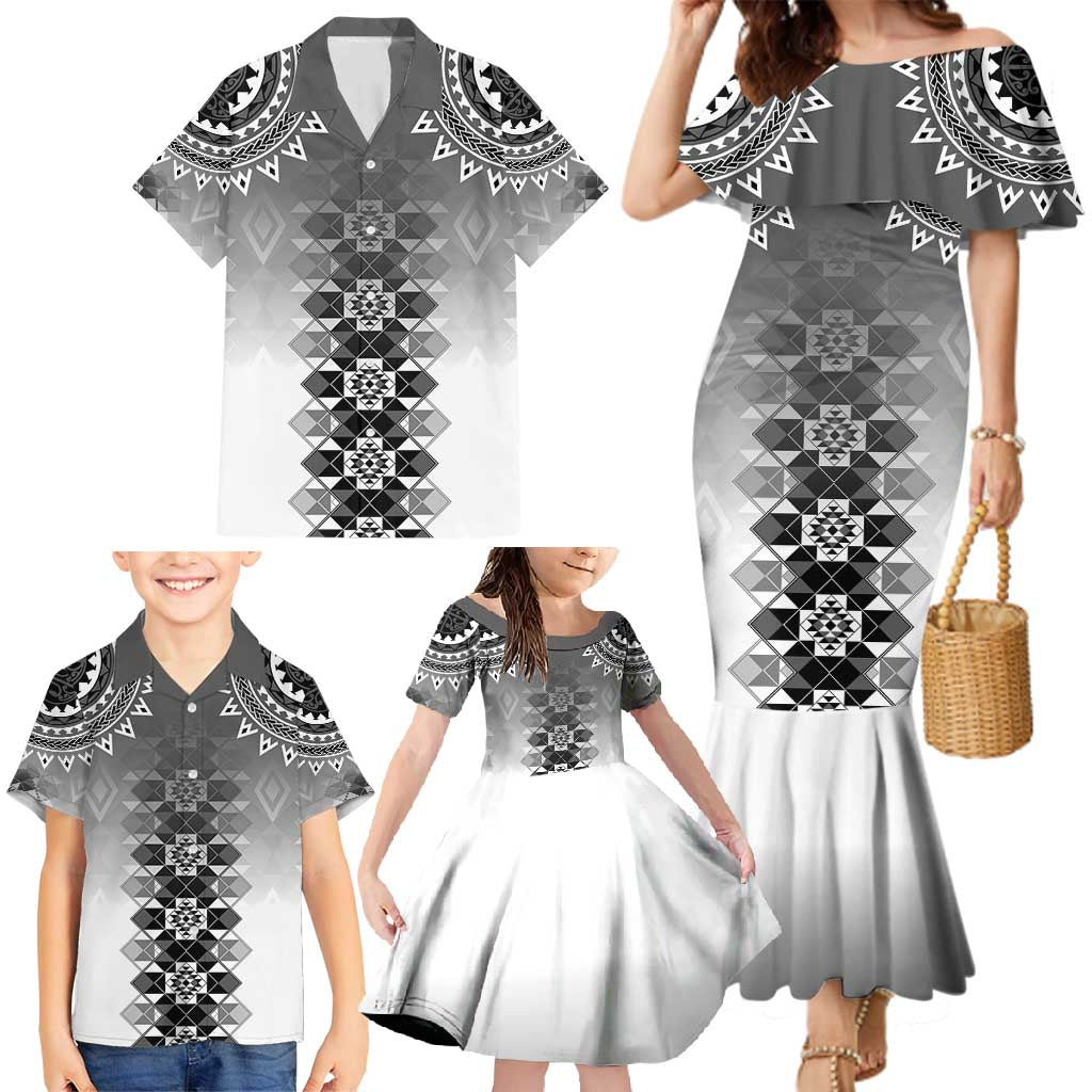 New Zealand Family Matching Mermaid Dress and Hawaiian Shirt Poutama Mix Gray Taniko Inspired Art LT05