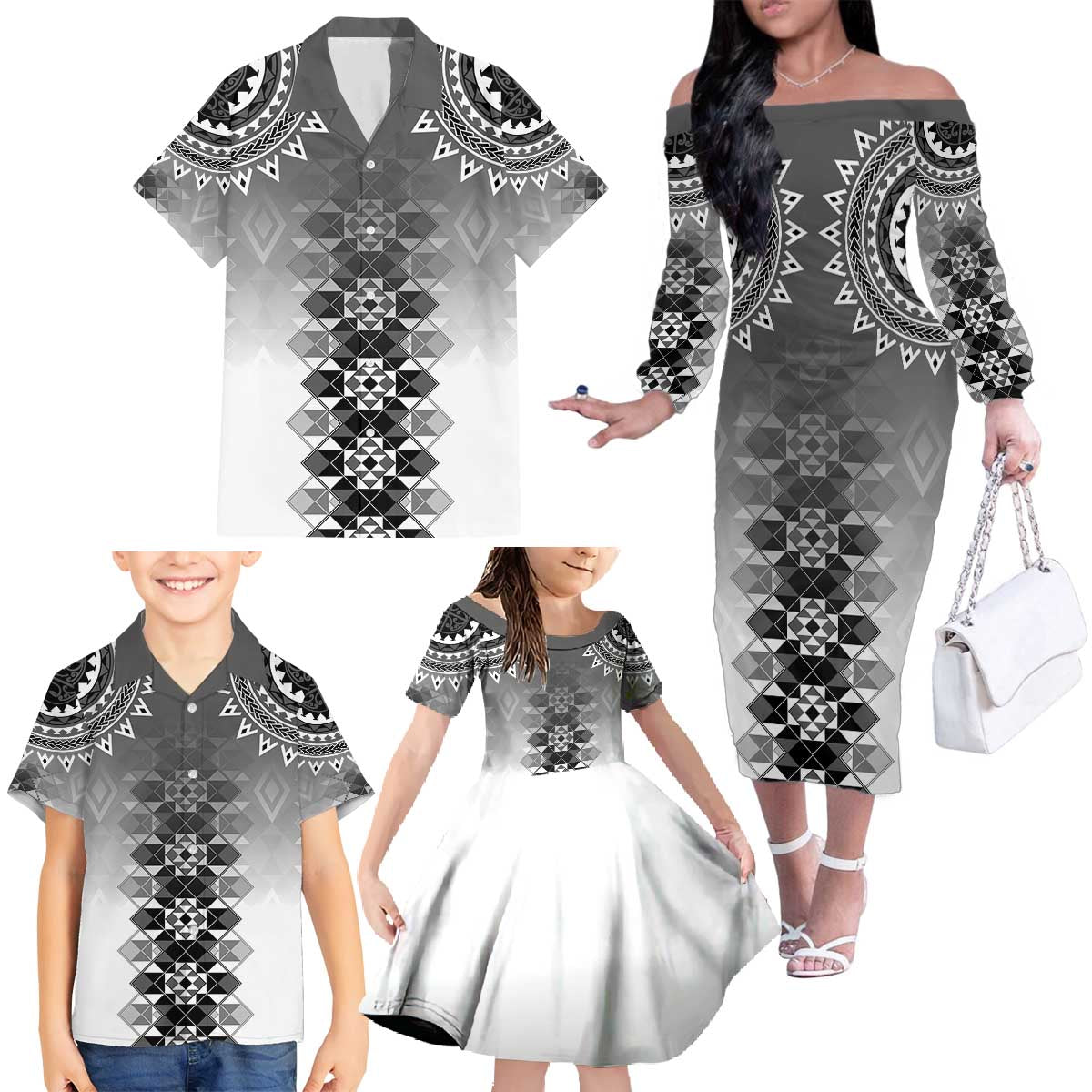 New Zealand Family Matching Off The Shoulder Long Sleeve Dress and Hawaiian Shirt Poutama Mix Gray Taniko Inspired Art