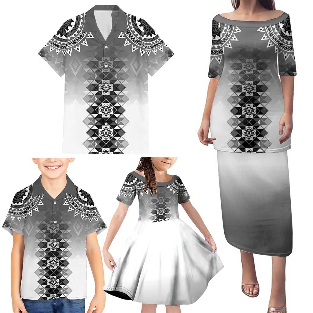 New Zealand Family Matching Puletasi and Hawaiian Shirt Poutama Mix Gray Taniko Inspired Art LT05