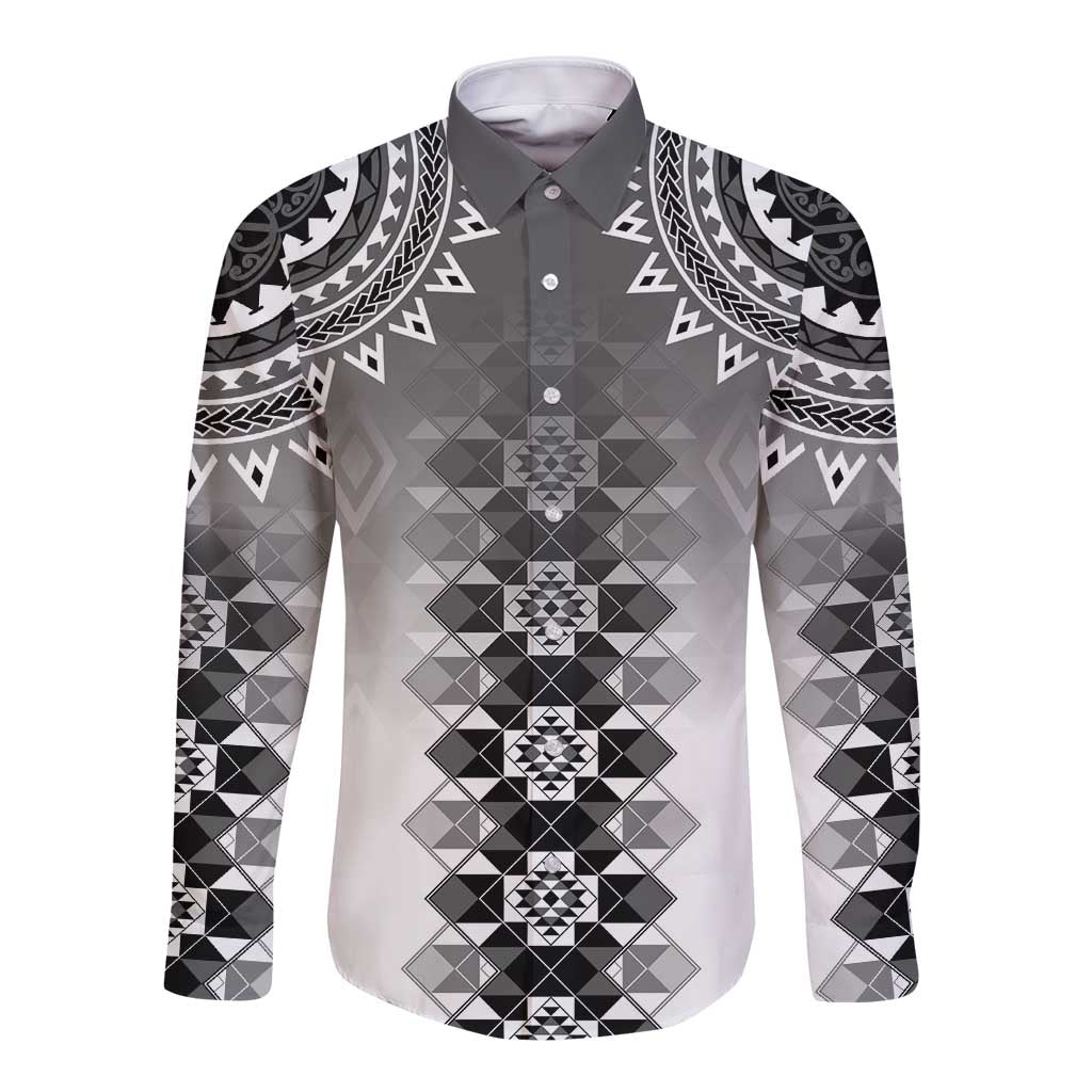 New Zealand Long Sleeve Button Shirt Poutama Mix Gray Taniko Inspired Art LT05 Unisex Gray - Polynesian Pride
