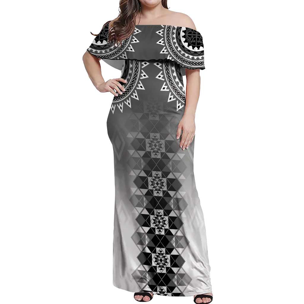 New Zealand Off Shoulder Maxi Dress Poutama Mix Gray Taniko Inspired Art LT05 Women Gray - Polynesian Pride