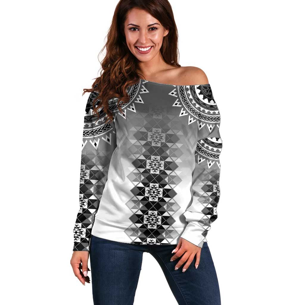 New Zealand Off Shoulder Sweater Poutama Mix Gray Taniko Inspired Art LT05 Women Gray - Polynesian Pride