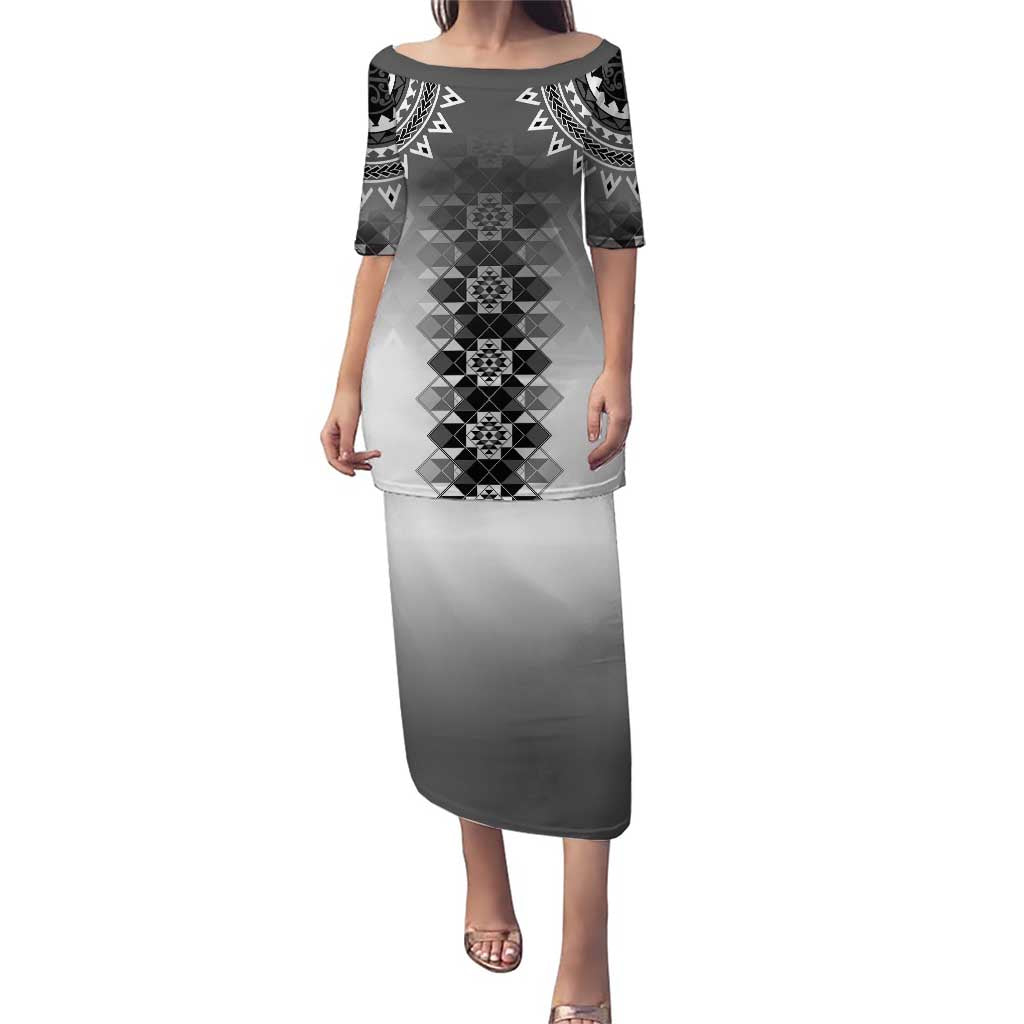 New Zealand Puletasi Poutama Mix Gray Taniko Inspired Art LT05 Long Dress Gray - Polynesian Pride