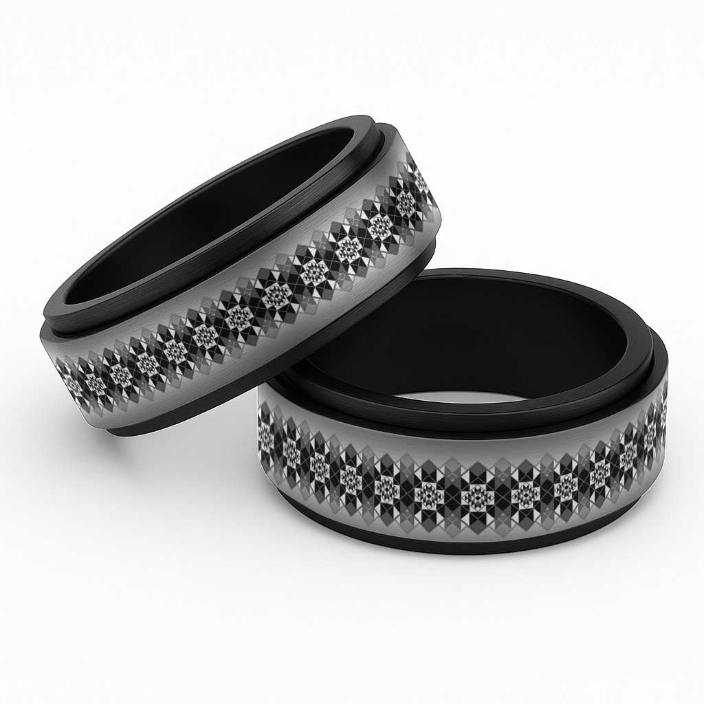 New Zealand Spinner Ring Poutama Mix Gray Taniko Inspired Art LT05 Black Gray - Polynesian Pride