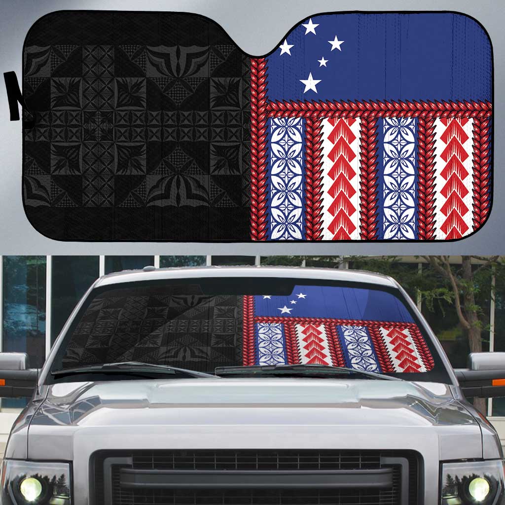 Samoa Flag Auto Sun Shade Ula Fala With Samoan Siapo LT05 Black - Polynesian Pride