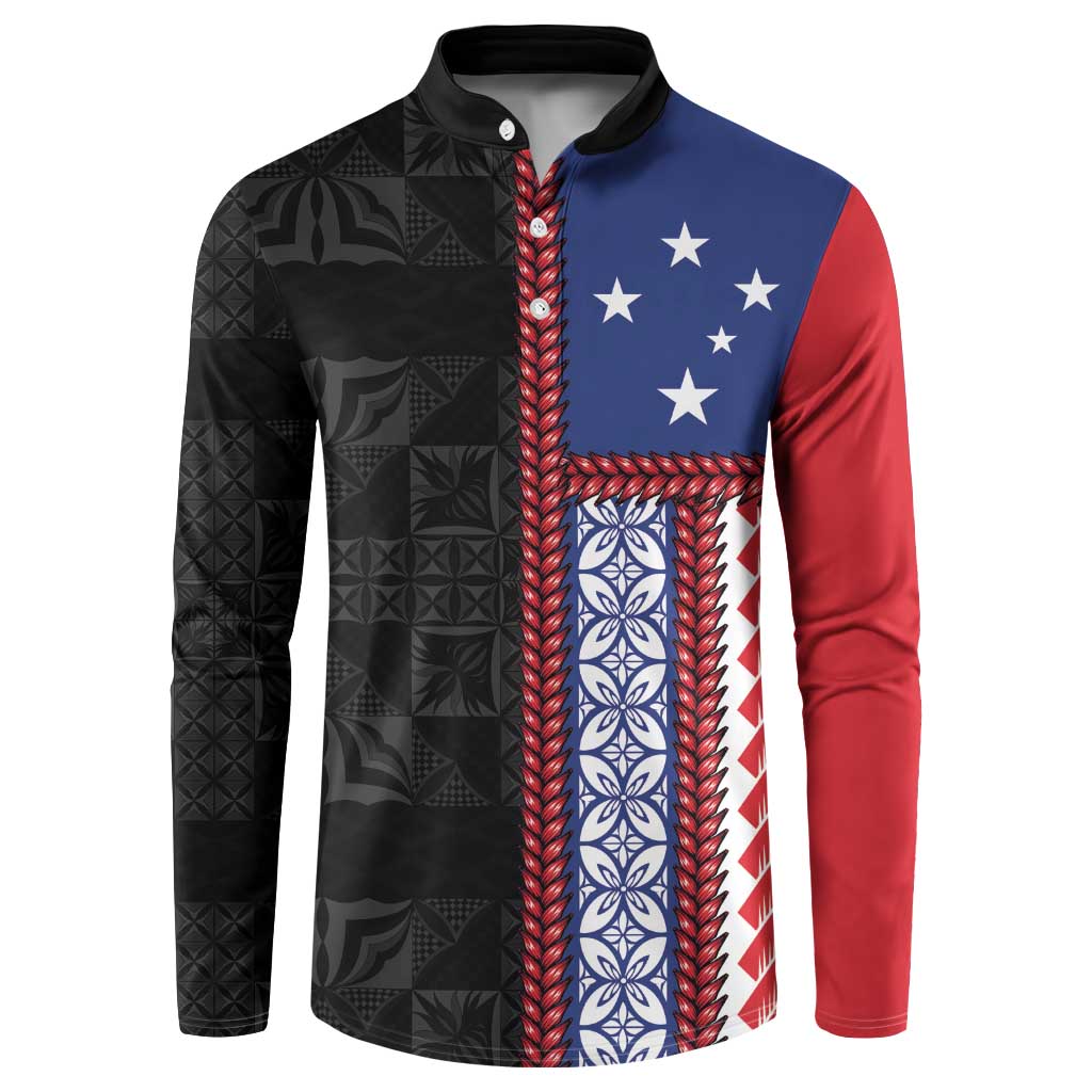 Samoa Flag Button Sweatshirt Ula Fala With Samoan Siapo LT05 Black - Polynesian Pride