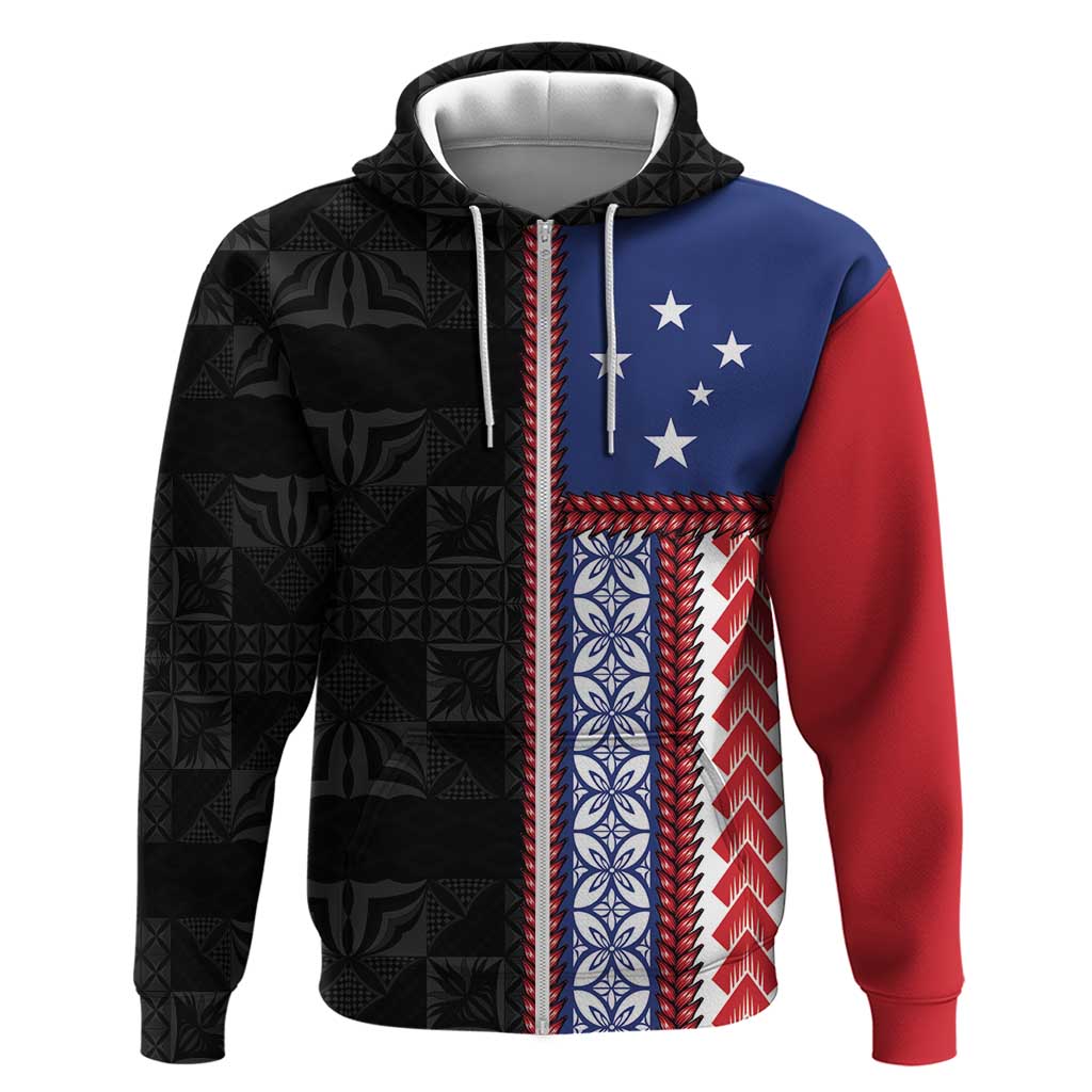 Samoa Flag Hoodie Ula Fala With Samoan Siapo LT05 Zip Hoodie Black - Polynesian Pride