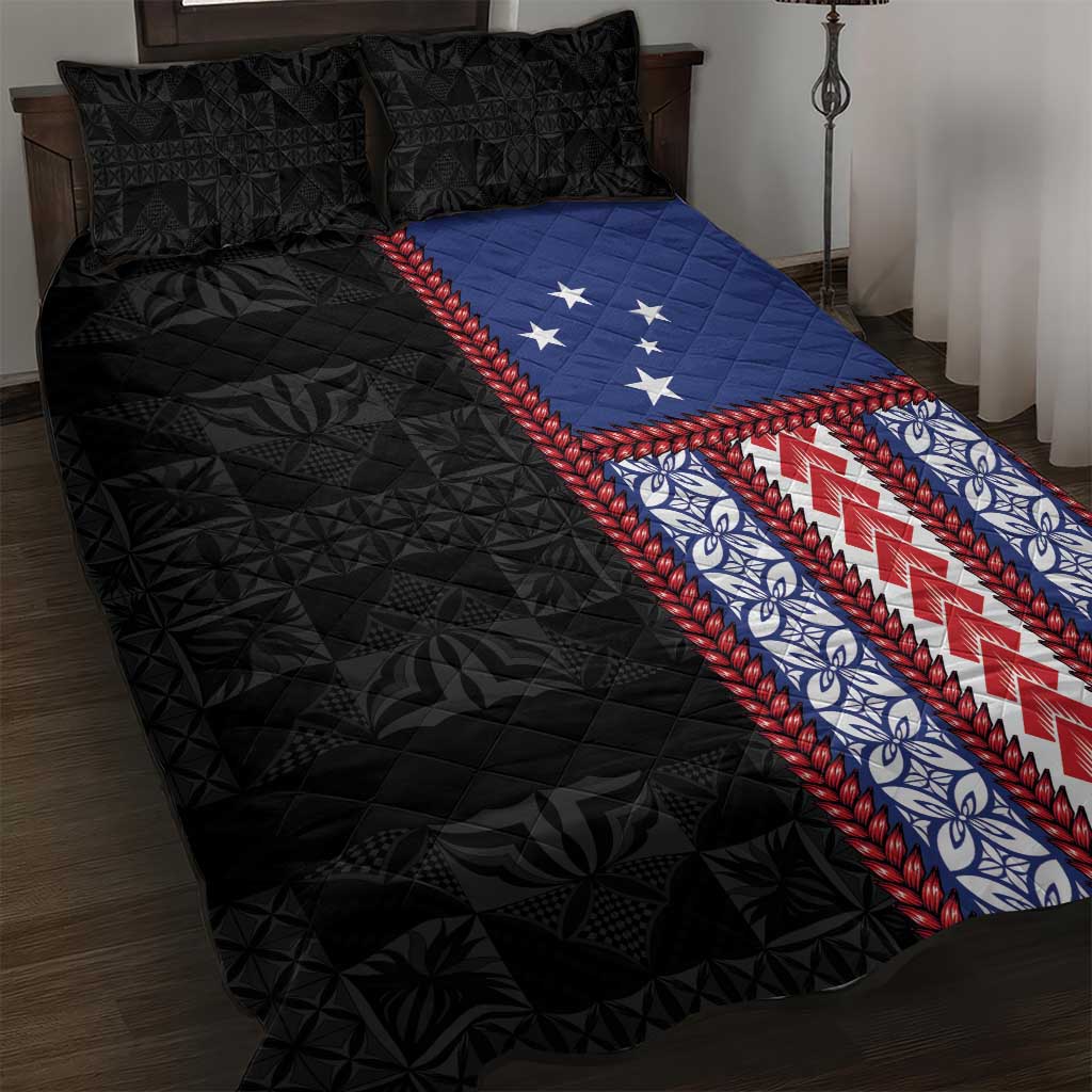 Samoa Flag Quilt Bed Set Ula Fala With Samoan Siapo LT05 Black - Polynesian Pride