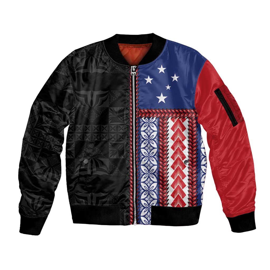 Samoa Flag Sleeve Zip Bomber Jacket Ula Fala With Samoan Siapo LT05 Unisex Black - Polynesian Pride